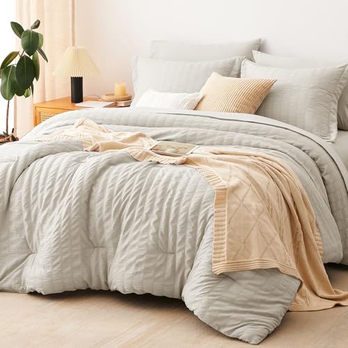 CozyLux 奶油色加大号泡泡纱七件套床品套装