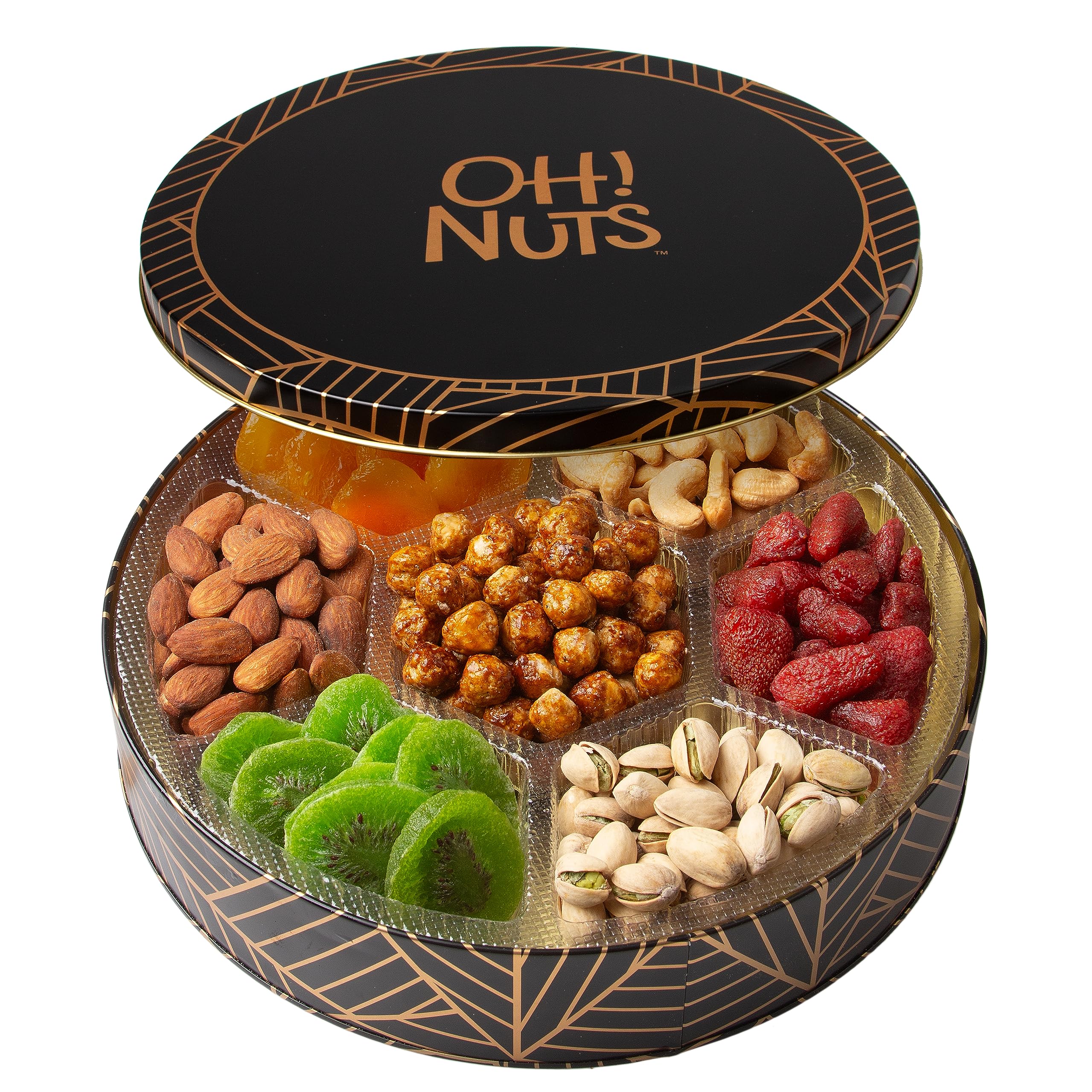 Oh! Nuts 7格干果坚果礼品篮 - 美食精选水果与坚果礼品篮 - 健康食品圆形金属罐装 - 节日、生日、企业男女礼品