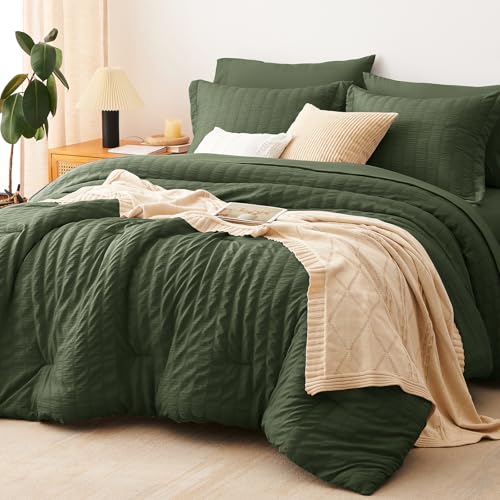 CozyLux 橄榄绿泡泡纱加大号7件套床品