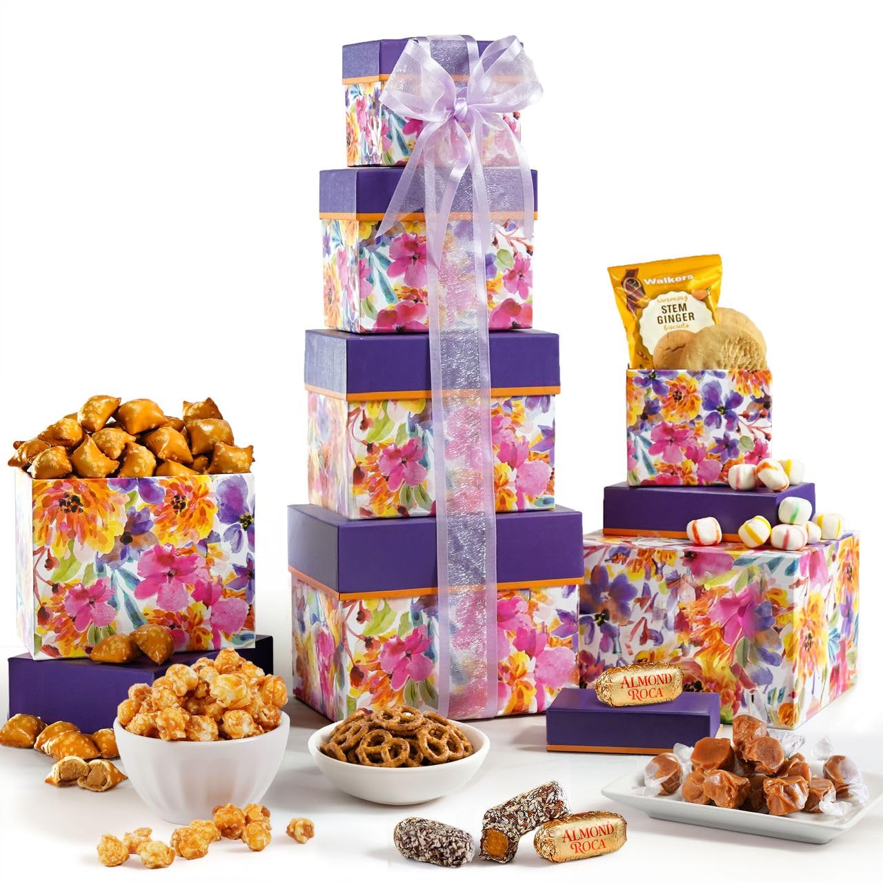 Broadway Basketeers 4盒零食礼品塔 适合女性、男性、家庭、大学生的零食礼物 – 生日、感谢、早日康复关怀包裹配送