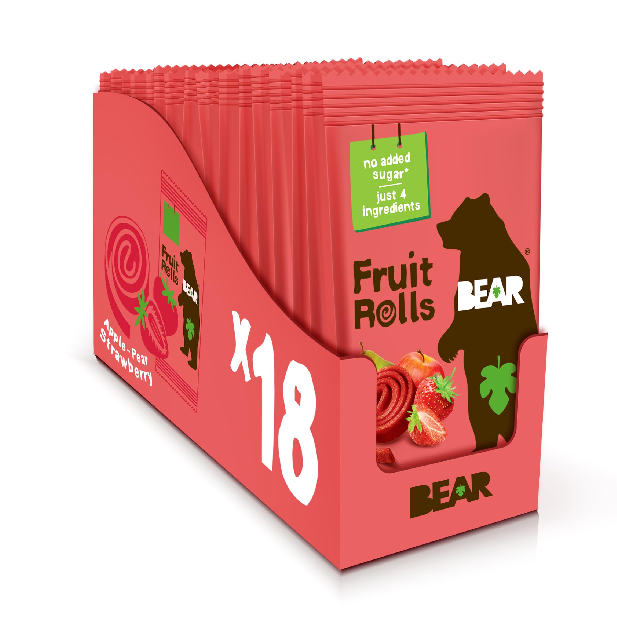 BEAR 真水果零食卷 - 无麸质、素食、非转基因 - 草莓味 – 36卷，适合儿童和成人的健康学校及午餐零食，0.7盎司（18包装）