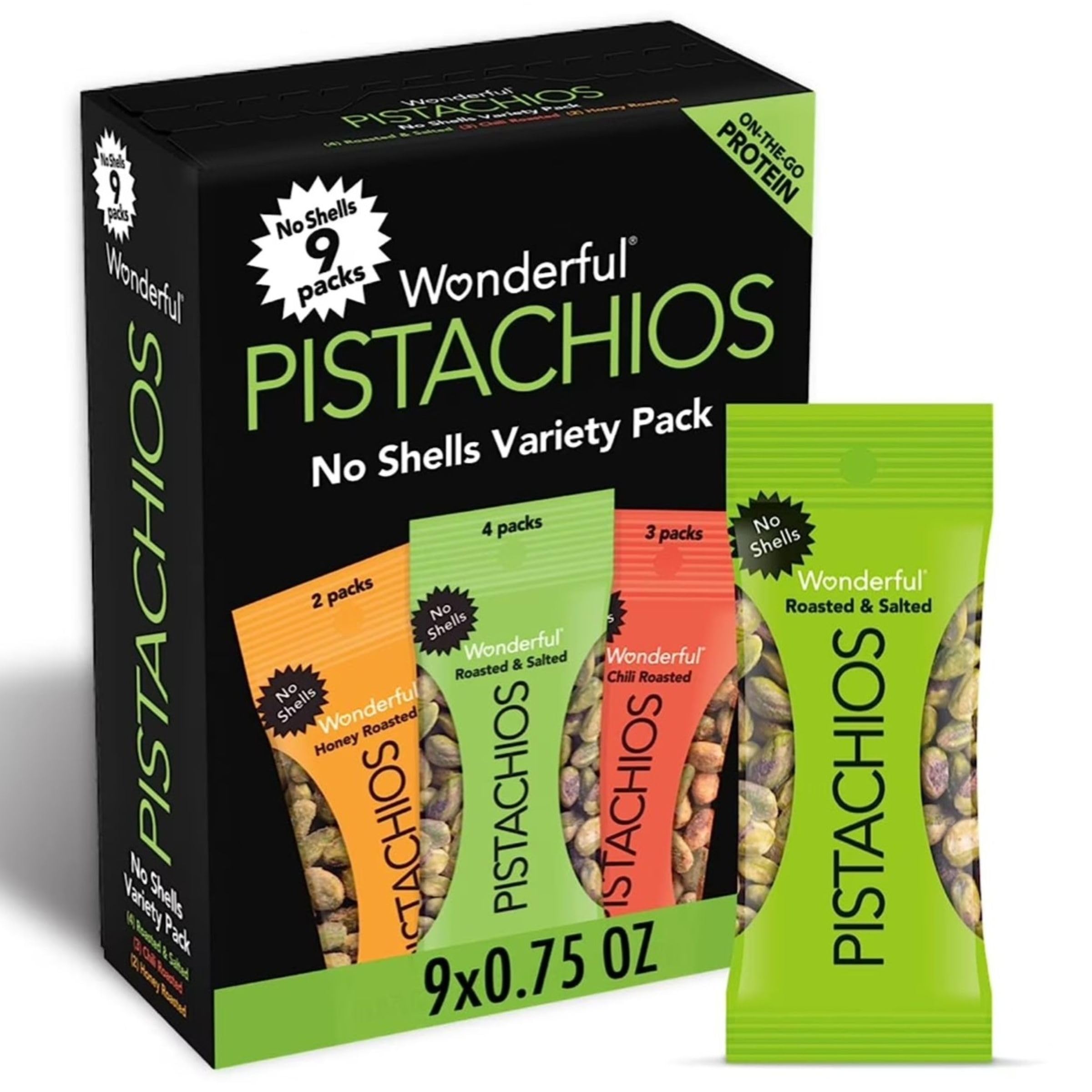Wonderful Pistachios 无壳开心果，3种口味混合装，9包（每包0.75盎司），烤制盐味（4包）、辣椒味（3包）、蜂蜜味（2包），蛋白质零食，无麸质，成人健康零食混合装