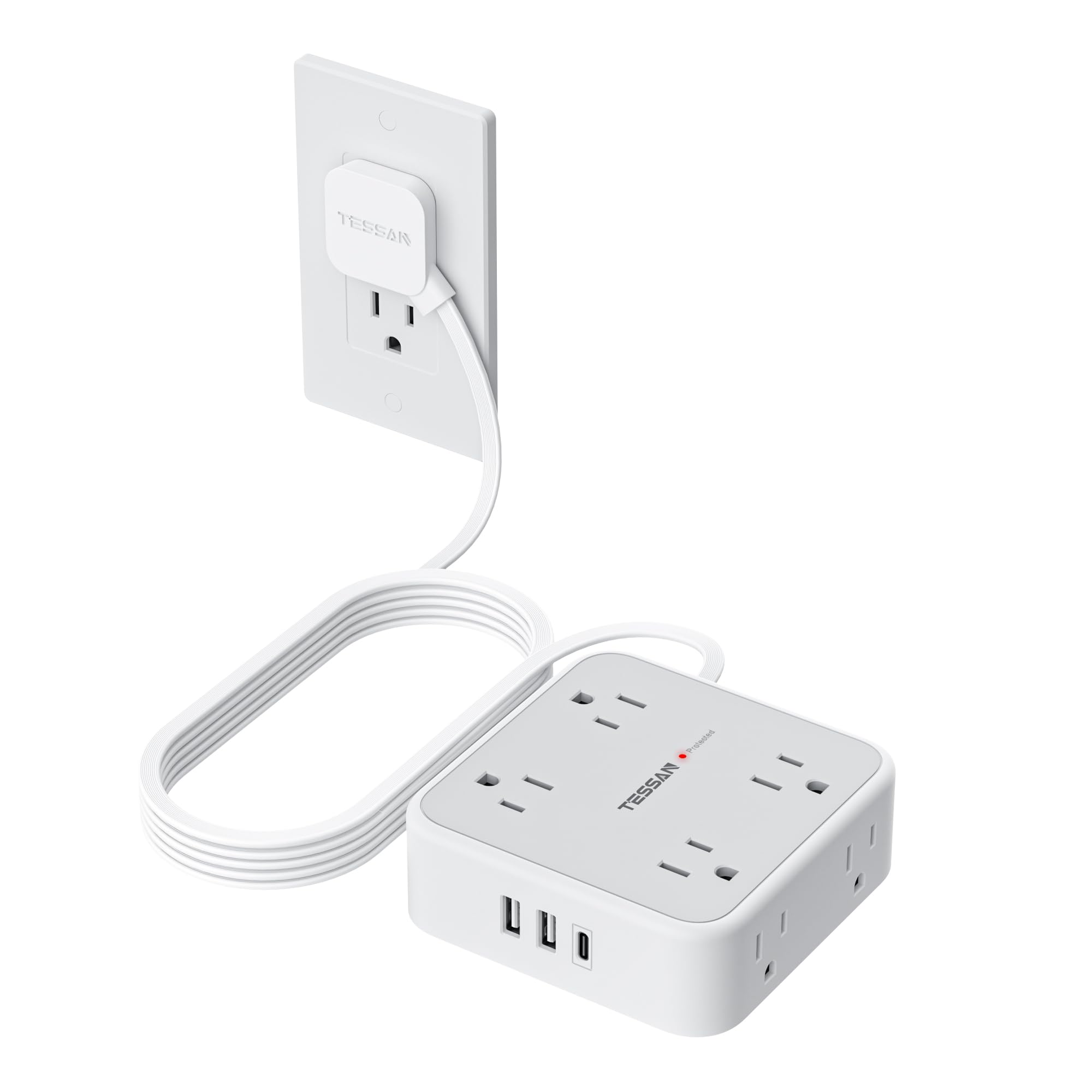 TESSAN 10英尺防雷击抗浪涌插线板 8位AC插口+3USB(含Type-C)