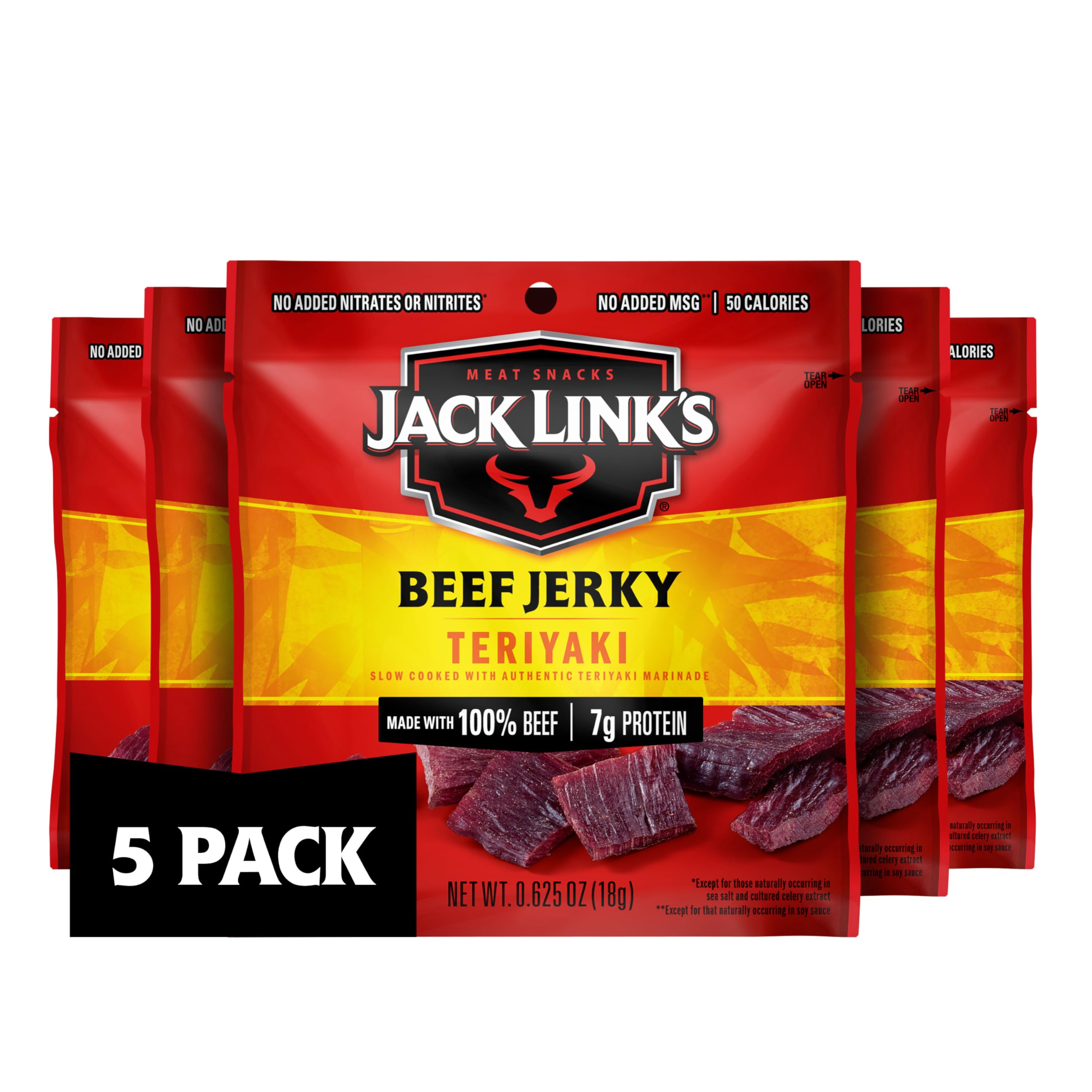 Jack Link's 照烧牛肉干多包装 - (5包) 0.625盎司每袋 - 即食真肉蛋白零食 - 每份含7克蛋白质 - 100%纯牛肉制成