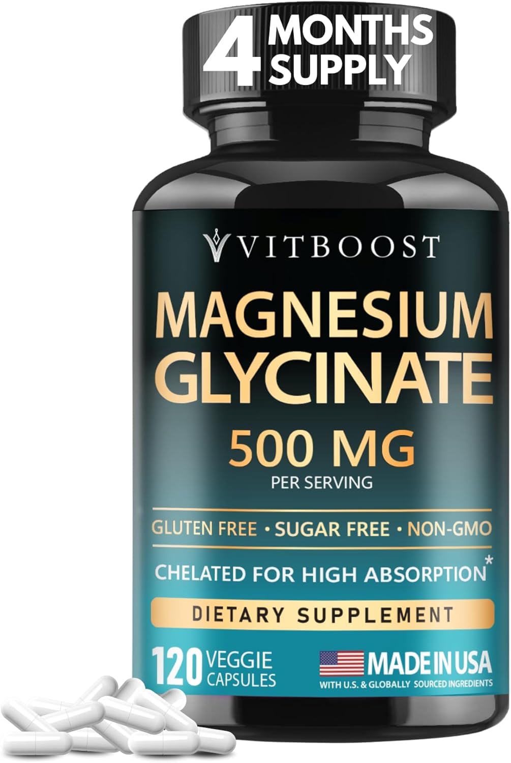 VITBOOST 镁甘氨酸500mg 助眠安神 素食胶囊120粒