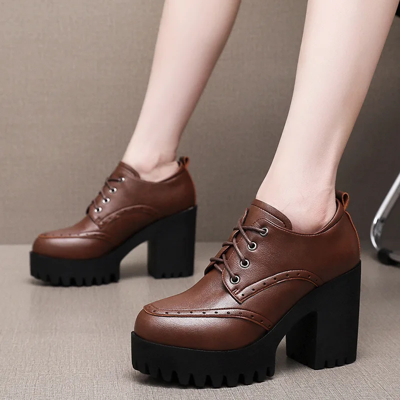 Small Size 32-43 British Deep Mouth Brogues Shoes Women Oxfords Fall Winter 2026 Block High Heels Shoes Platform Pumps Office