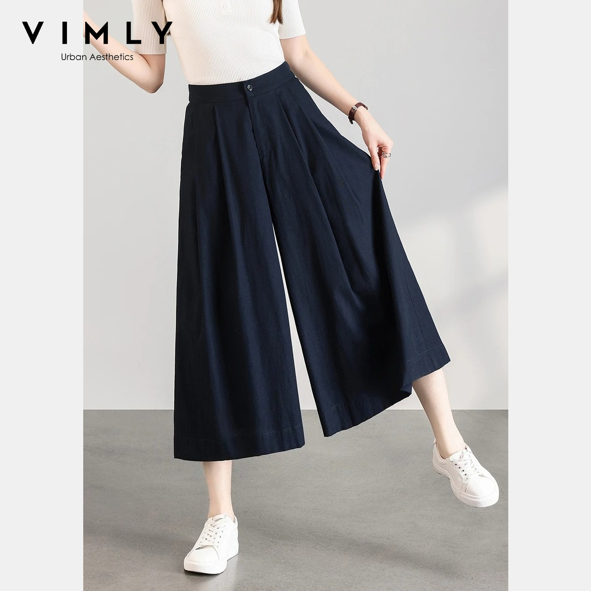 VIMLY 2026夏季宽腿九分裤 抽绳腰设计 通勤休闲裤
