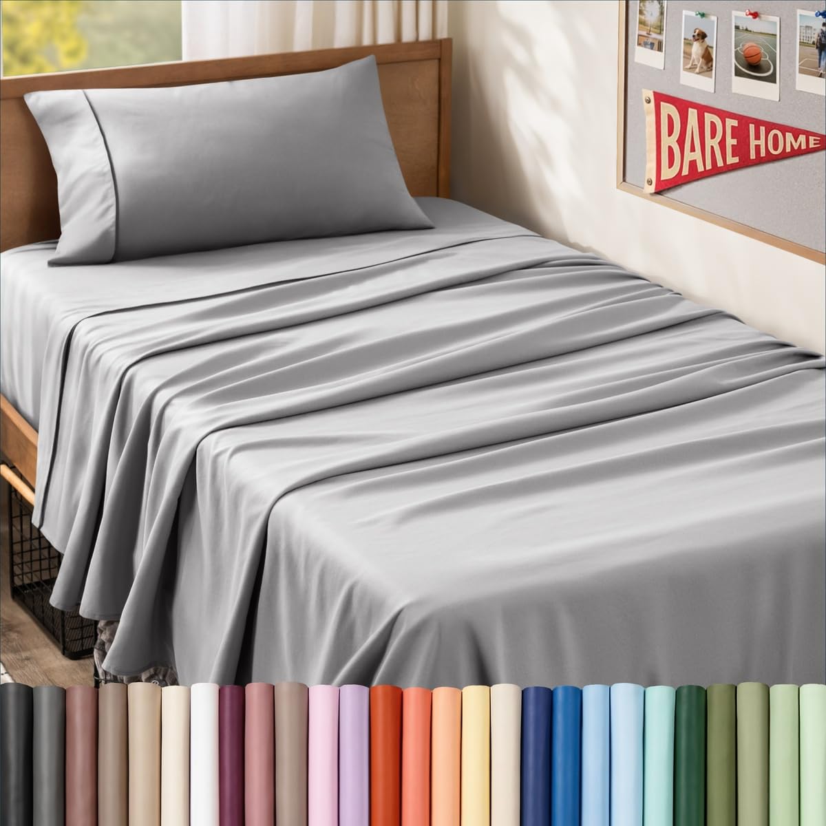 Bare Home 双人加长款床品四件套 1800超柔微纤维 深浅灰可选 舒适透气易打理