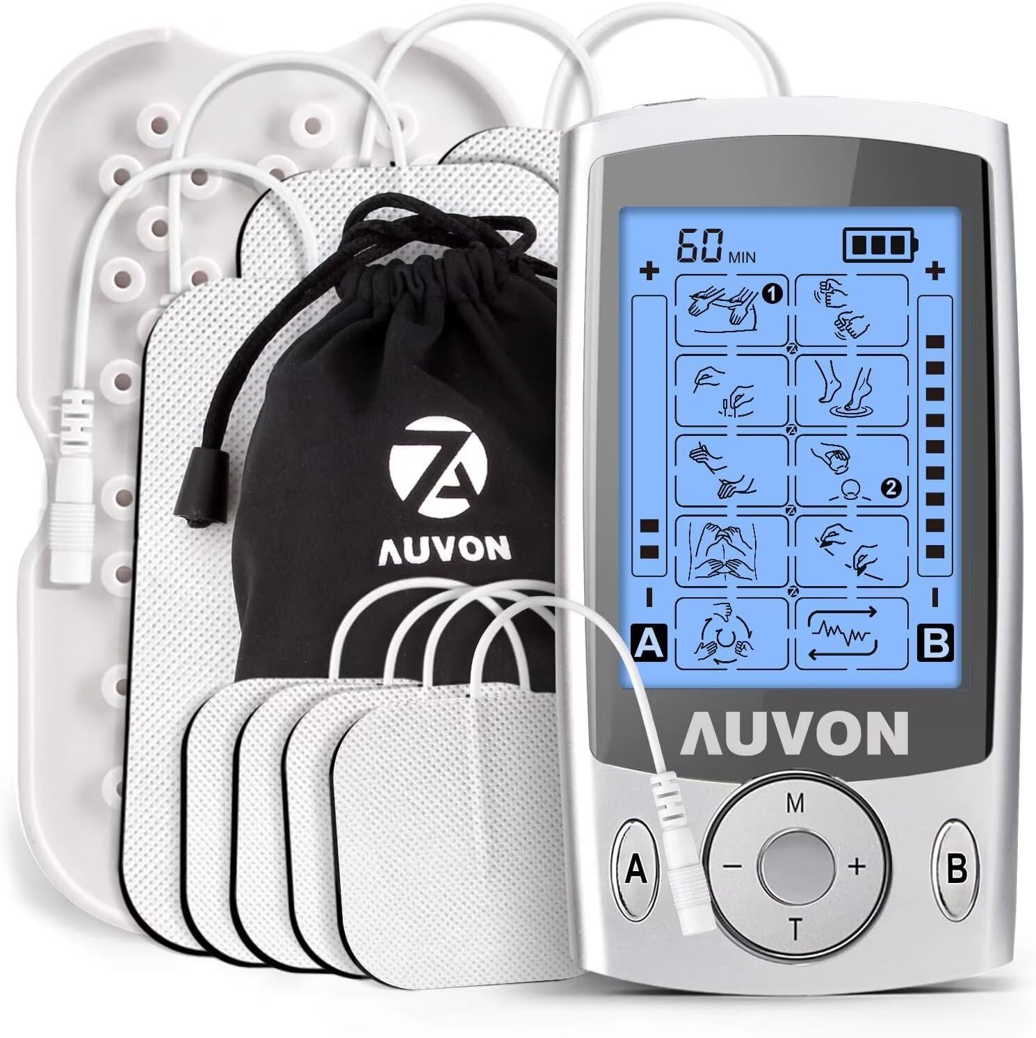 AUVON双通道TENS按摩理疗仪 20种按摩模式 附2英寸及2x4英寸电极贴片