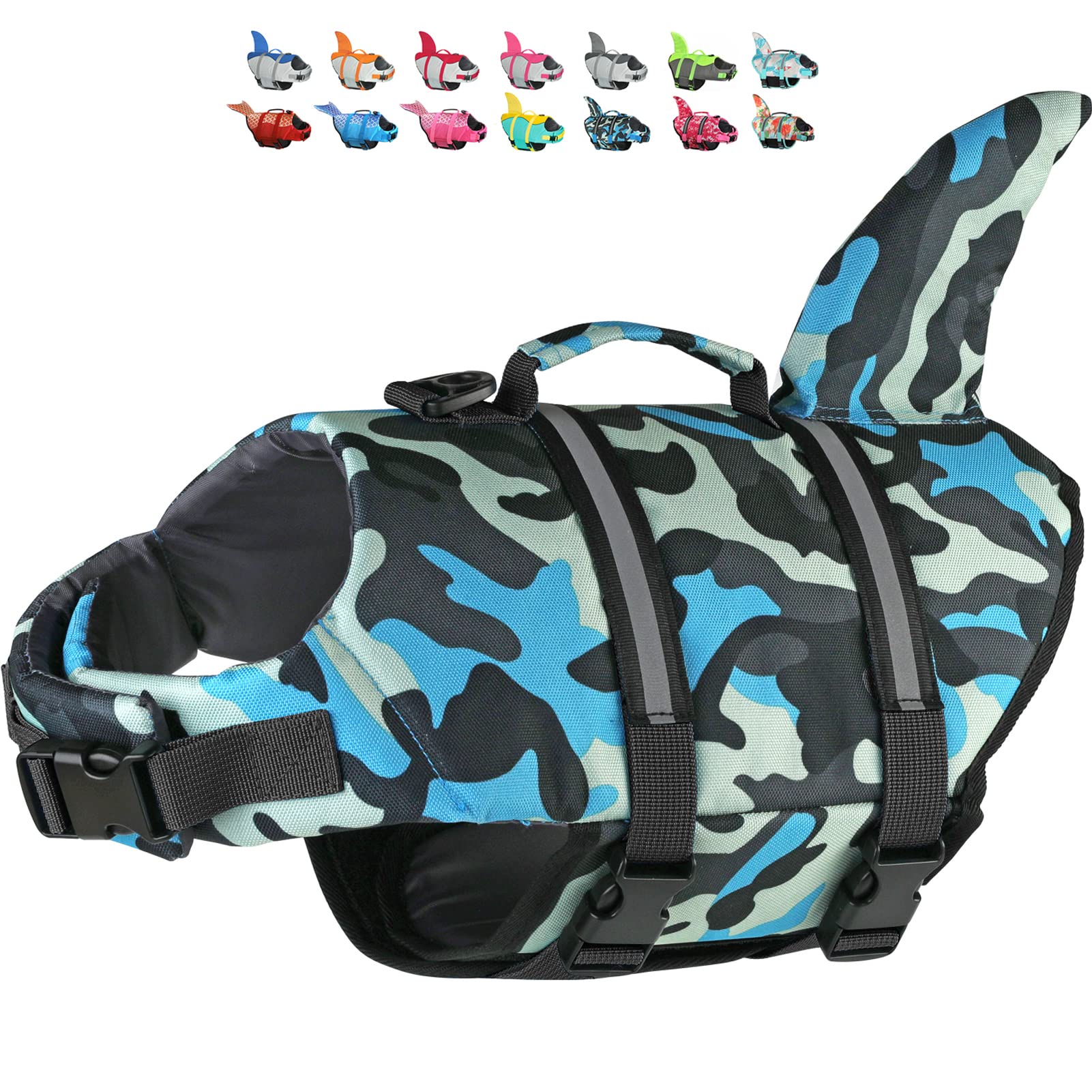 Dogcheer Dog Life Jacket Shark, Ripstop Dog Life Vest for Swimming Boating with Reflective Stripes & Rescue Handle, High Buoyancy Pet PFD Swim Vest for Small Medium Large Dogs - Camo Blue, XL