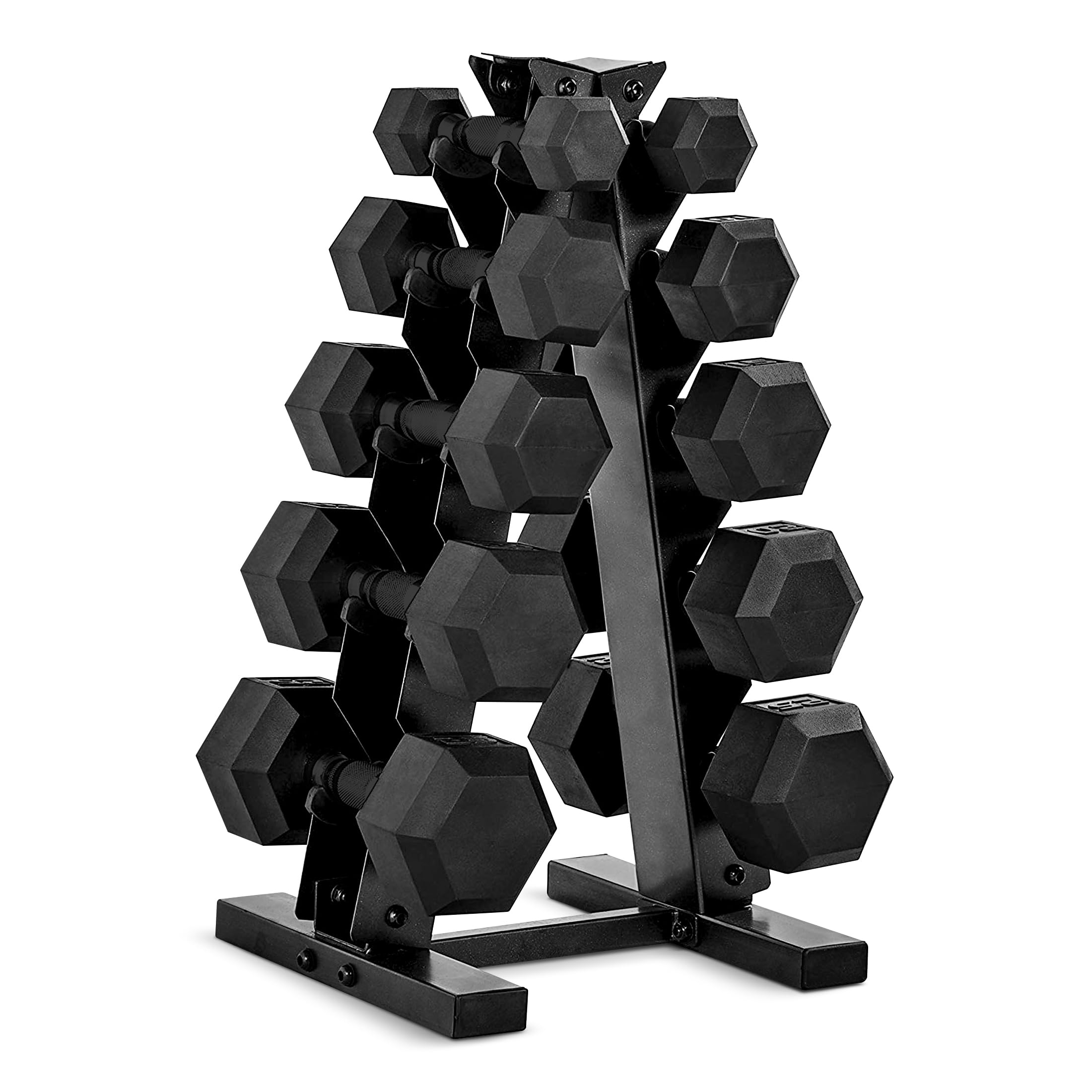 CAP 150lb Rubber Hex Dumbbell Set, Black Grip, A-Frame Storage Rack