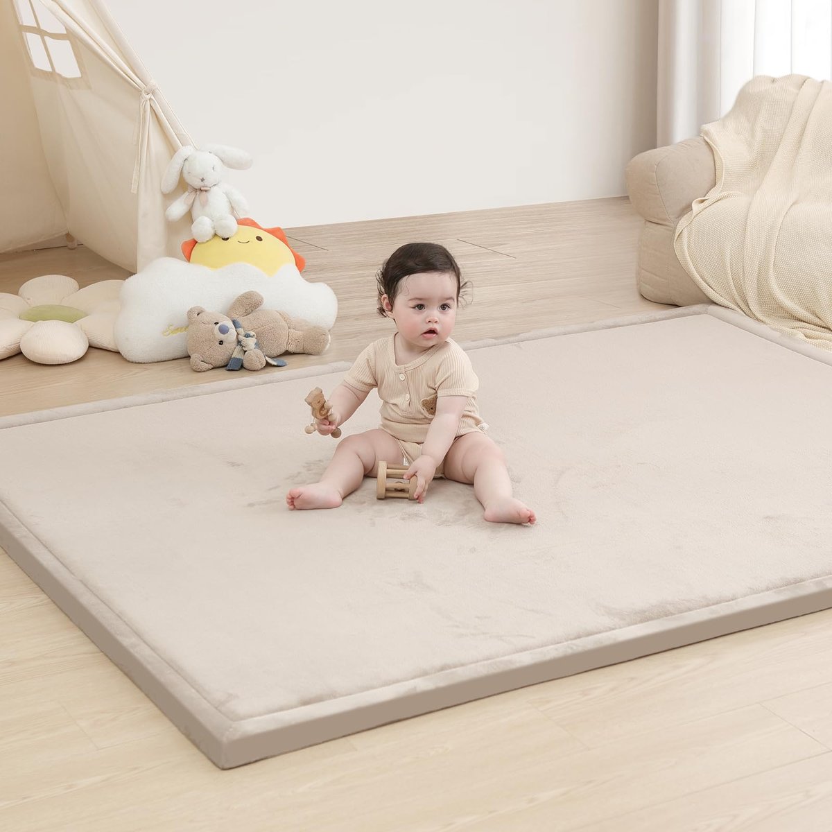 Huloo Sleep加厚婴儿爬行垫1.3英寸(约3.3cm)厚防摔地垫 79×59英寸(200×150cm)大尺寸 米色