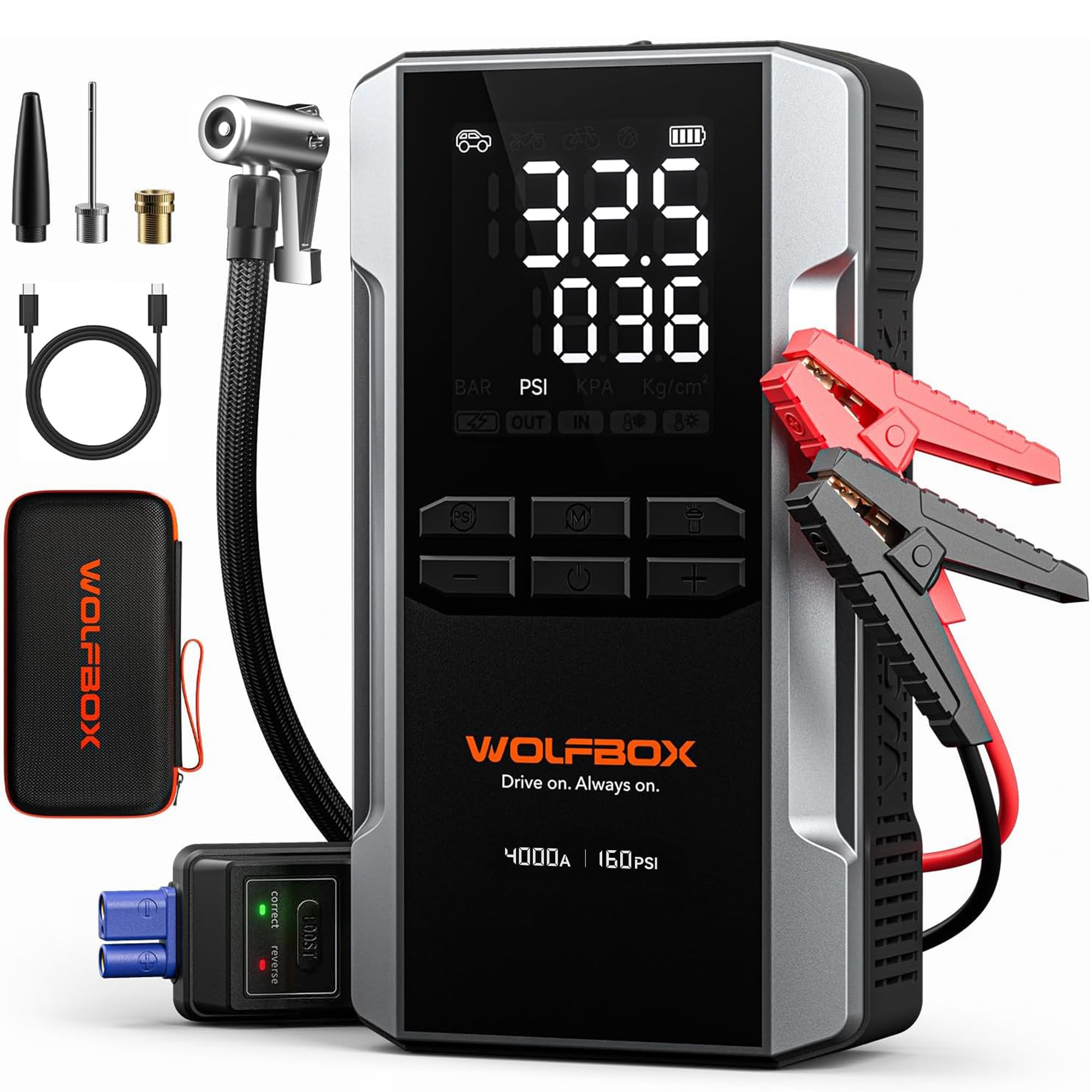 WOLFBOX MV24A 4000A Jump Starter with 160PSI Air Compressor, 12V Car Battery Booster, 88.8Wh Portable Jump Box (10L Gas/10L Diesel) with 65W Fast Charging, Tire Inflator, Jumper Cables, LED Light