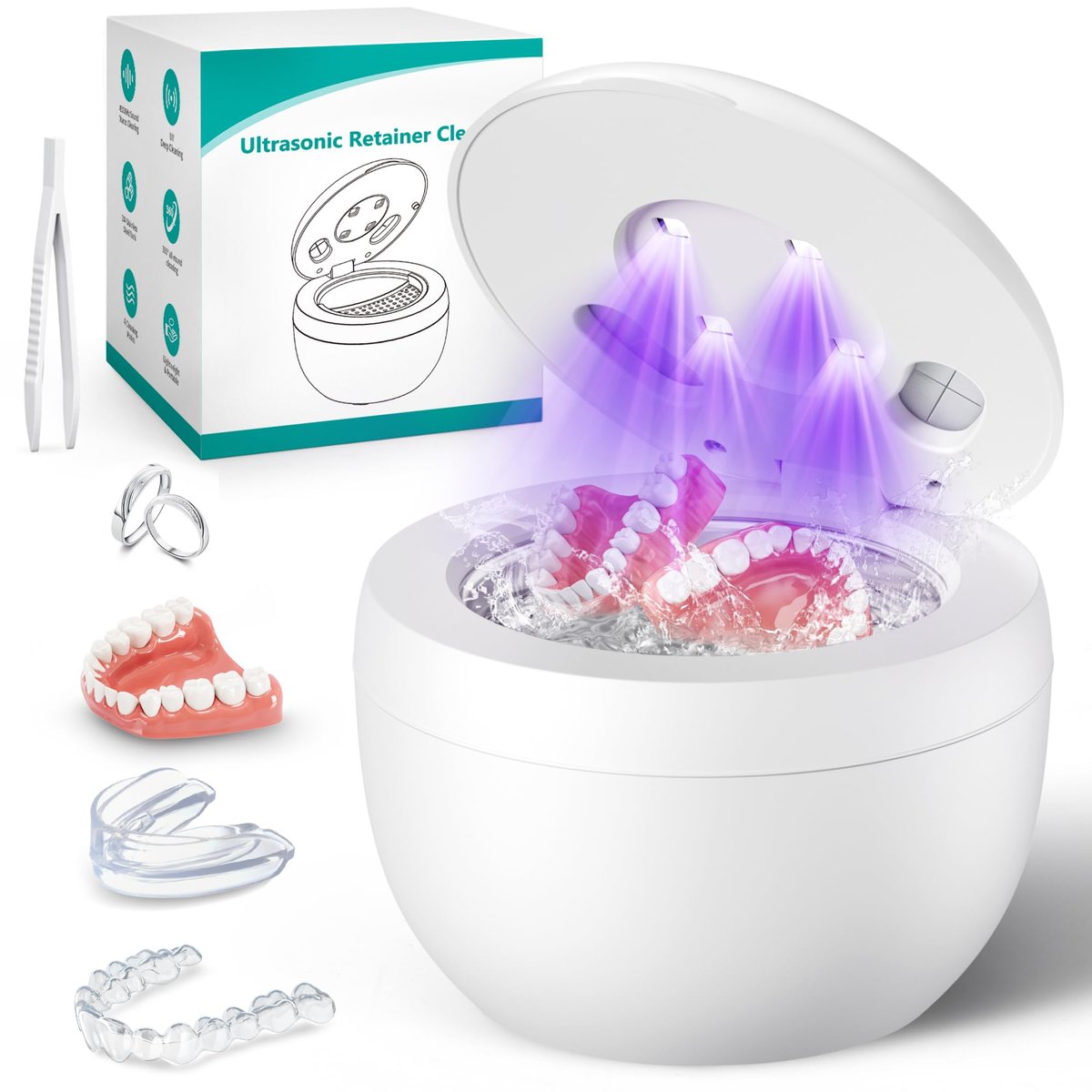 Upgraded Ultrasonic Retainer Cleaner, 45kHz Ultrasonic Dentures Cleaner for Night Guards, Braces, Aligner, Toothbrush, Jewelry and More, 4 Modes Cleaning Pod 200ML
