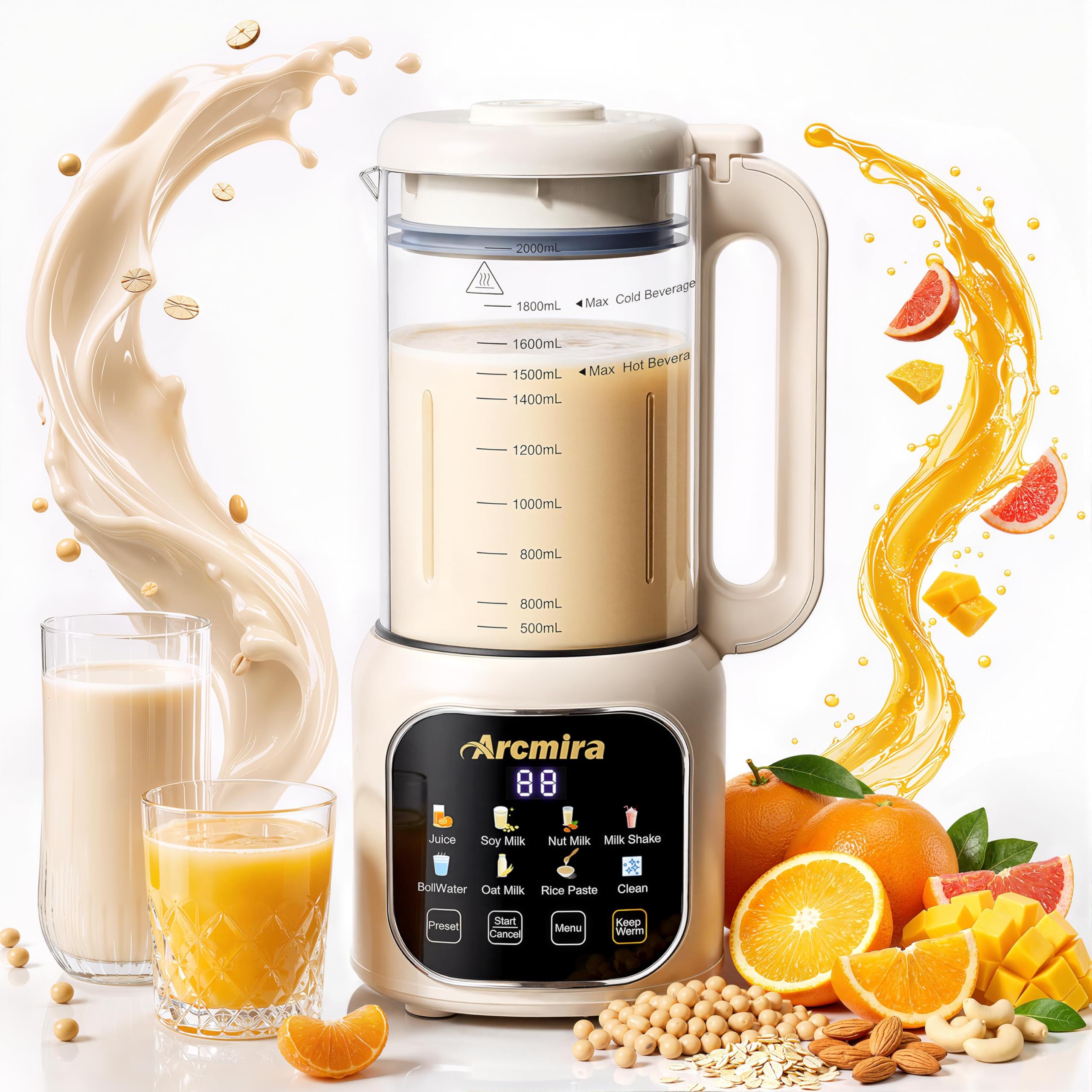 Arcmira 8合1豆浆机 68oz大容量 免泡豆 10刀片 预约保温