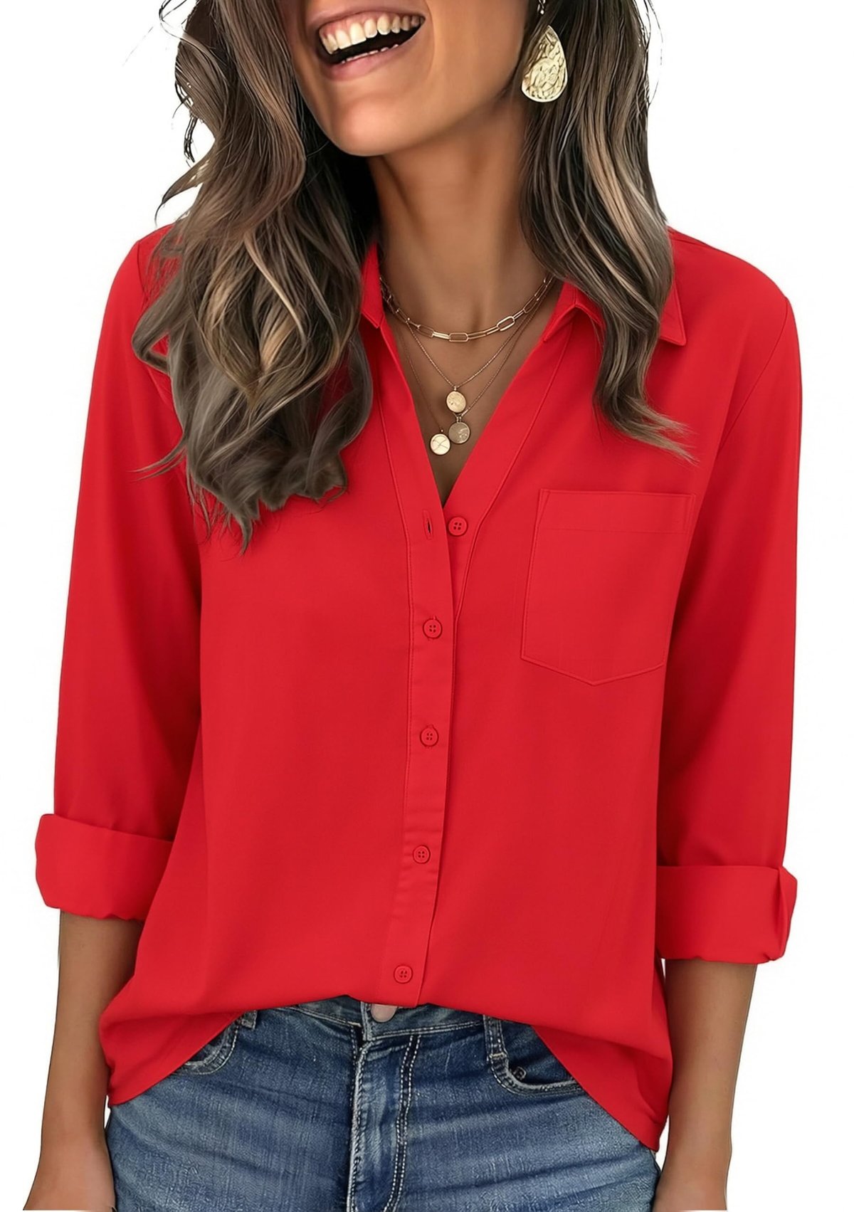 Zeagoo Womens Dressy Blouses Red Button Down Shirt