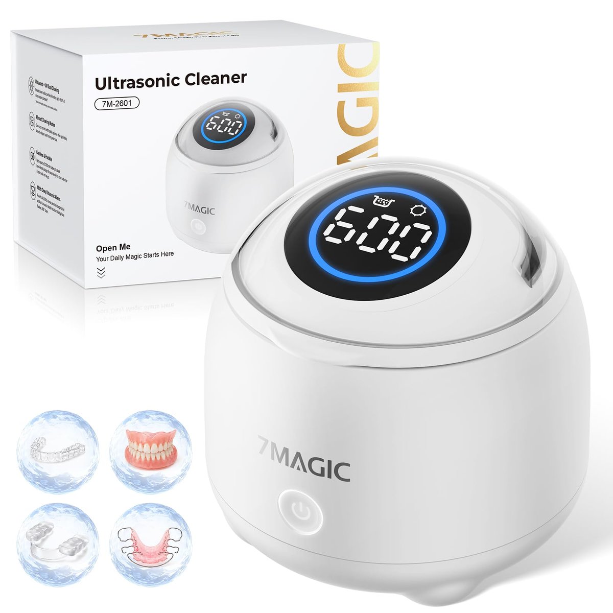 7MAGIC超声波清洗机 48kHz高频清洁 200ml大容量 牙套保持器假牙清洁神器 白色