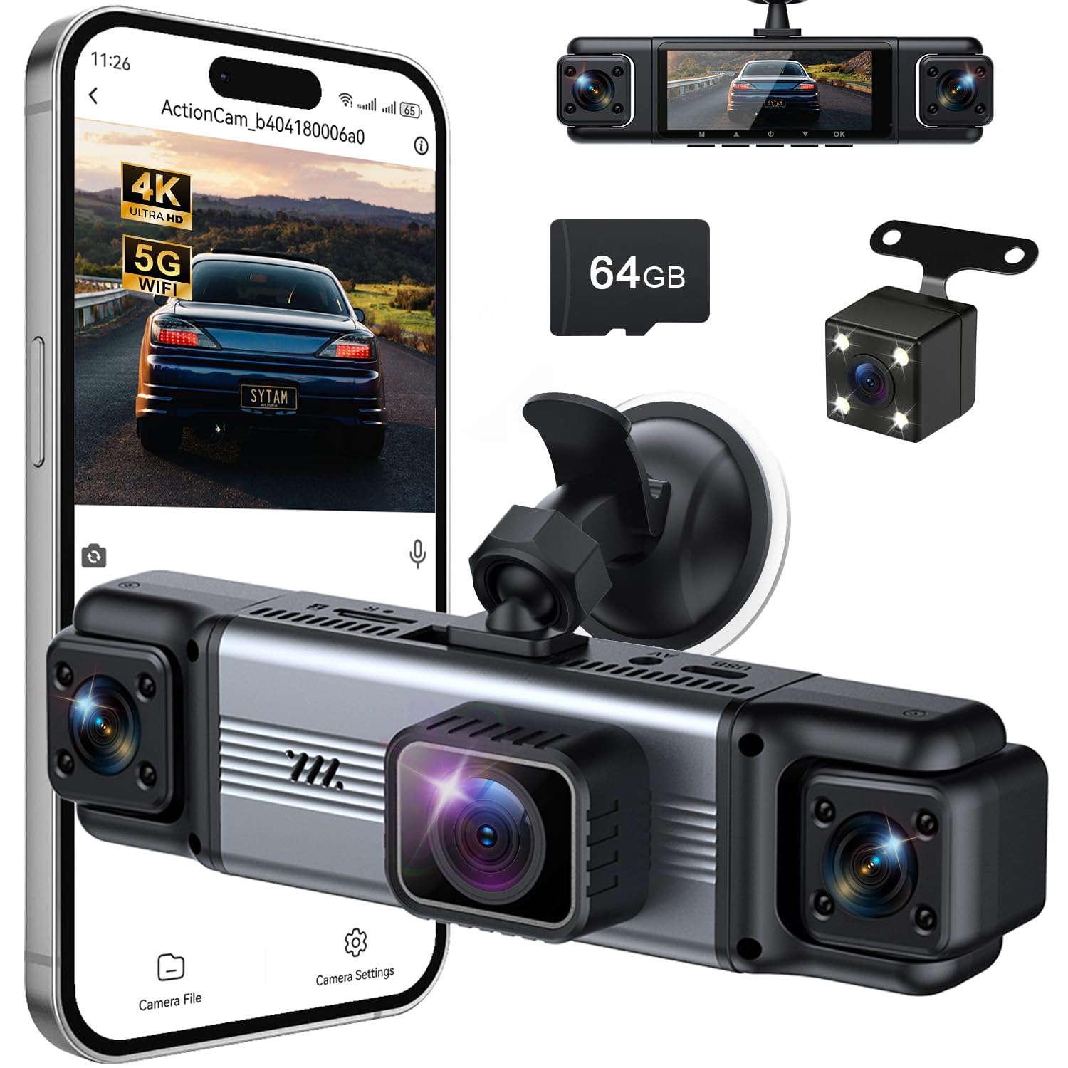 CURRENBA 4镜头360°全景行车记录仪 前后车内三录 含64GB内存卡